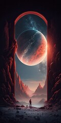 Wall Mural - a futuristic doorway to an other planet. The gateway is situated on a mountainous, crimson planet with an alien atmosphere. The stars against the planet's backdrop. Generative AI