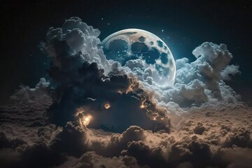 Wall Mural - Stars, the moon, and clouds in the night sky serve as backgrounds. lovely nighttime full moon above the clouds. Generative AI