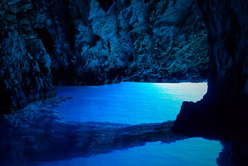 inside of blue lagoon cave. famous blue cave in croatia, bisevo island blue grotto on dalmatian coas