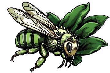 Sticker - bee pollinating a green flower. Generative AI