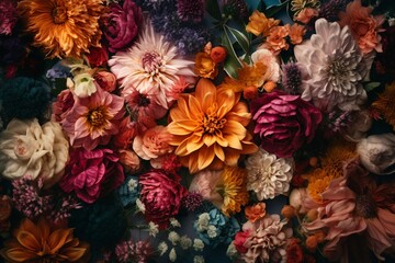 Wall Mural - Many colorful flowers, floral background, wedding card. Generative AI