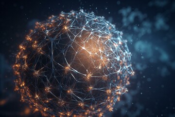Wall Mural - Sphere of particles and lines with hexagon structure. Futuristic digital technology. Network or connection. Abstract background of points and lines. Big data. Science background. 3d. Generative AI