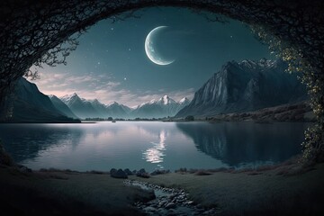 Wall Mural - View of the lake with a half moon in it. Generative AI