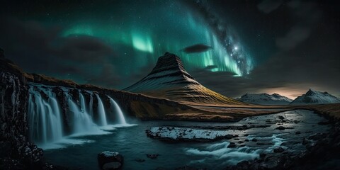 Wall Mural - Landscape of Kirkjufellsfoss at night with the stunning Northern Lights. Iceland. Generative AI