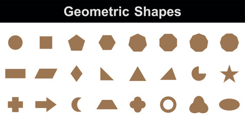 Set of 2D geometric shapes in math. Circle, square, pentagon, hexagon, heptagon, octagon,decagon, parallelogram, kite, triangle, pic, crescent, arrow, heart, quatrefoil, ring, star, cross and trefoil