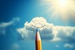 Hello Friday cute sun smile pencil color illustration on blue sky and cloud. Generative AI
