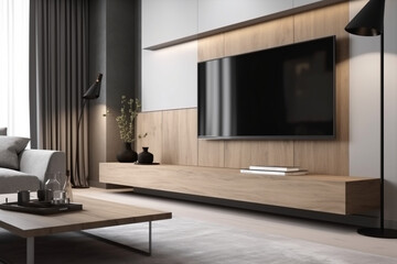 room interior with TV cabinet on white wall mockup, Generative AI