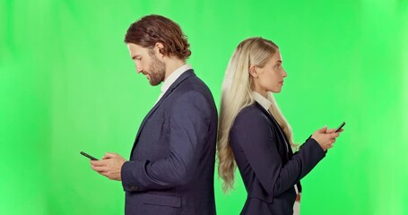 Poster - Business people, smartphone and standing on green screen with back in studio isolated on a background. Cellphone, man and woman texting, social media or rivals browsing online, networking or thinking