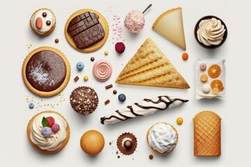 a variety of desserts against a white background. freshly crafted snacks and bakeries. top perspective and a flat lay. Generative AI