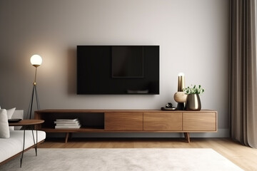 Wall Mural - modern living room minimalist living room decor with TV cabinet on white wall, Generative AI