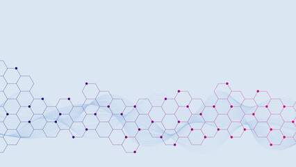 Poster - Abstract hexagonal background with particles and wave flow for medicine, chemistry, science and technology backdrop concept design.