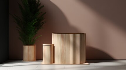 Wooden podium for product presentation in modern interior,Natural minimalis luxury podium.Generative Ai