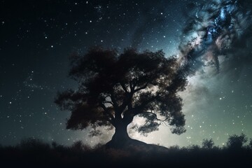 Wall Mural - 3D tree silhouettes against a space sky with nebula and stars. Generative AI