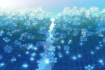 Sticker - serene landscape with a flowing stream and colorful flowers. Generative AI