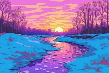 Wall Mural - serene stream in a winter wonderland. generative ai