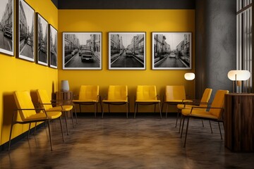 Wall Mural - Waiting room with poster, five yellow chairs, 3d render. Generative AI