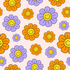 Aufkleber - Retro groovy seamless pattern with smiling flowers on a light background. Cute colorful trendy vector illustration in style 60s, 70s