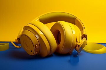 Wall Mural - On a vivid yellow background, blue headphones are lying there. Generative AI