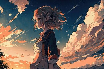 Wall Mural - A illustration of an anime girl beneath a beautiful sky. Generative AI