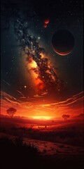 Wall Mural - Sunset sky with orange setting sun and red clouds landscape against bright star on black universe background. Wide panorama view of stars in space nature at dark time. Starry night at night wallpaper