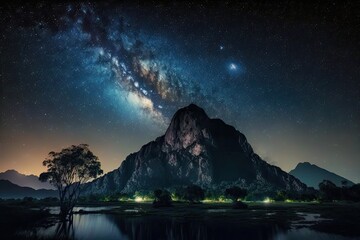 Wall Mural - Nighttime landscape with a mountain and the Milky Way galaxy in the background. Generative AI