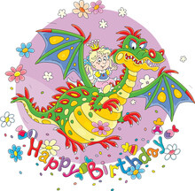 Happy Birthday Card With A Funny Little Princess Flying On Her Friend Fire-breathing Dragon Surrounded By Sweets And Colorful Flowers, Vector Cartoon Illustration