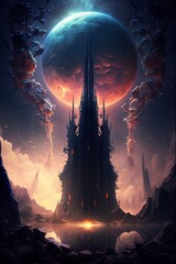 Wall Mural - Towering Citadel With A Planet in the Background Generative AI
