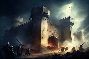 Wall Mural - dramatic storming of a medieval fortress, with soldiers scaling the walls and siege weapons being fired, created with generative ai