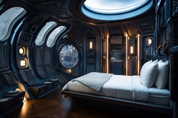 Wall Mural - spaceship bedroom, with view of distant stars and galaxies, for a dreamy and magical sleep experience, created with generative ai