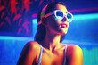 © J S - A retro 1960s pin-up girl wearing vintage sunglasses in neon UV lights with copy space, generative ai