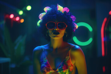 Poster - A retro 1980s girl wearing vintage sunglasses in neon UV lights night with copy space, generative ai