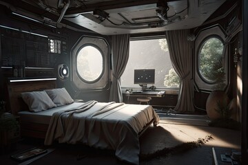 Wall Mural - bedroom with view of the stars and distant planets, with futuristic spacesuit hanging on the wall, created with generative ai
