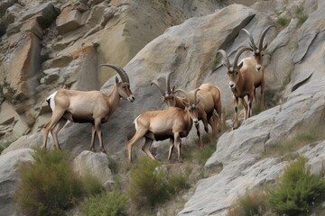 Wall Mural - a family of ibexes, each with different markings, grazing on a cliffside, created with generative ai