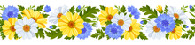 Horizontal Seamless Border With Pattern Of Blue Cornflowers, Yellow And White Daisy Flowers, Leaves And Buds Isolated On A White Background. Cute Floral Botanical Decoration. Vector Illustration