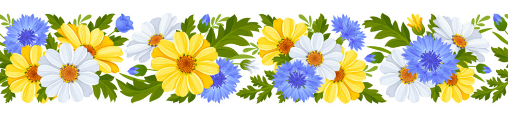 Horizontal seamless border with pattern of blue cornflowers, yellow and white daisy flowers, leaves and buds isolated on a white background. Cute floral botanical decoration. Vector illustration