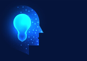 Poster - Light bulb is inside the robot's head. It means that technology or artificial intelligence can help support new ideas or solve problems using technology. The AI works with humans and learns.