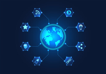 Fototapete - World smart technology works through networks that allow people to communicate anywhere. and small or large businesses expanding their business to various countries