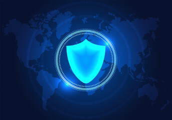 Fototapete - Technology shield is on the world map with the technology circle. It is software used to protect against data theft or cyber attacks. It is commonly used by groups of banks and companies.