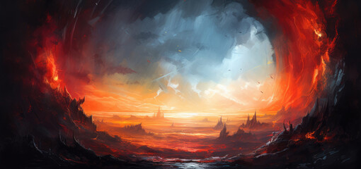 netherworld wasteland with an eternal burning portal rift gate between two dimensions, apocalyptic l