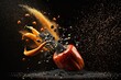 Pepper flying in the air and orange spice powder explosion on a black background. Freeze frame a video. Generative AI