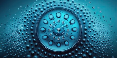 Wall Mural - On a wet blue background, there are water droplets arranged in the shape of a dial. a blue abstract background. Time is fluid. Generative AI