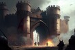 a siege, with attackers using battering rams to break down fortress gates and storm the castle, created with generative ai