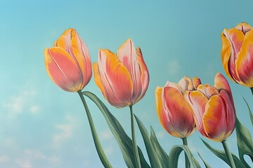 hand-painted canvas with pastel tulips against a sky blue background, created with generative ai