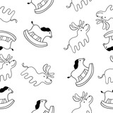 Fototapeta Dinusie - Cartoon Christmas Horse and Deer Toys in outline doodle style isolated on white background. Vector seamless pattern.