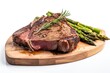  a piece of steak and asparagus on a wooden cutting board on a white background with a white background and a white background with a white background.  generative ai
