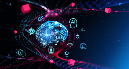 Poster - AI brain hologram, chatbot icons and digital connection in metaverse