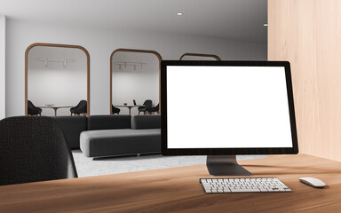Poster - Blank computer screen in white and wooden bank