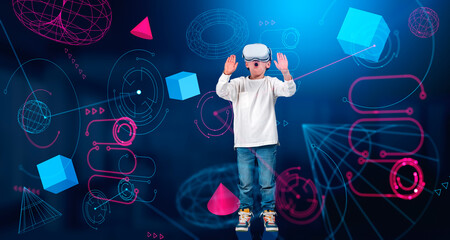 Wall Mural - Child in vr glasses and hands touching, metaverse and dashboard