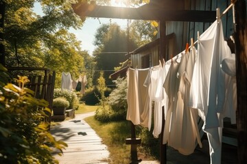 Wall Mural - a clothesline with drying towels and bathrobes, on a sunny summer day, created with generative ai