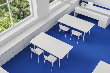 Top view of modern classroom interior with desk in row near panoramic window